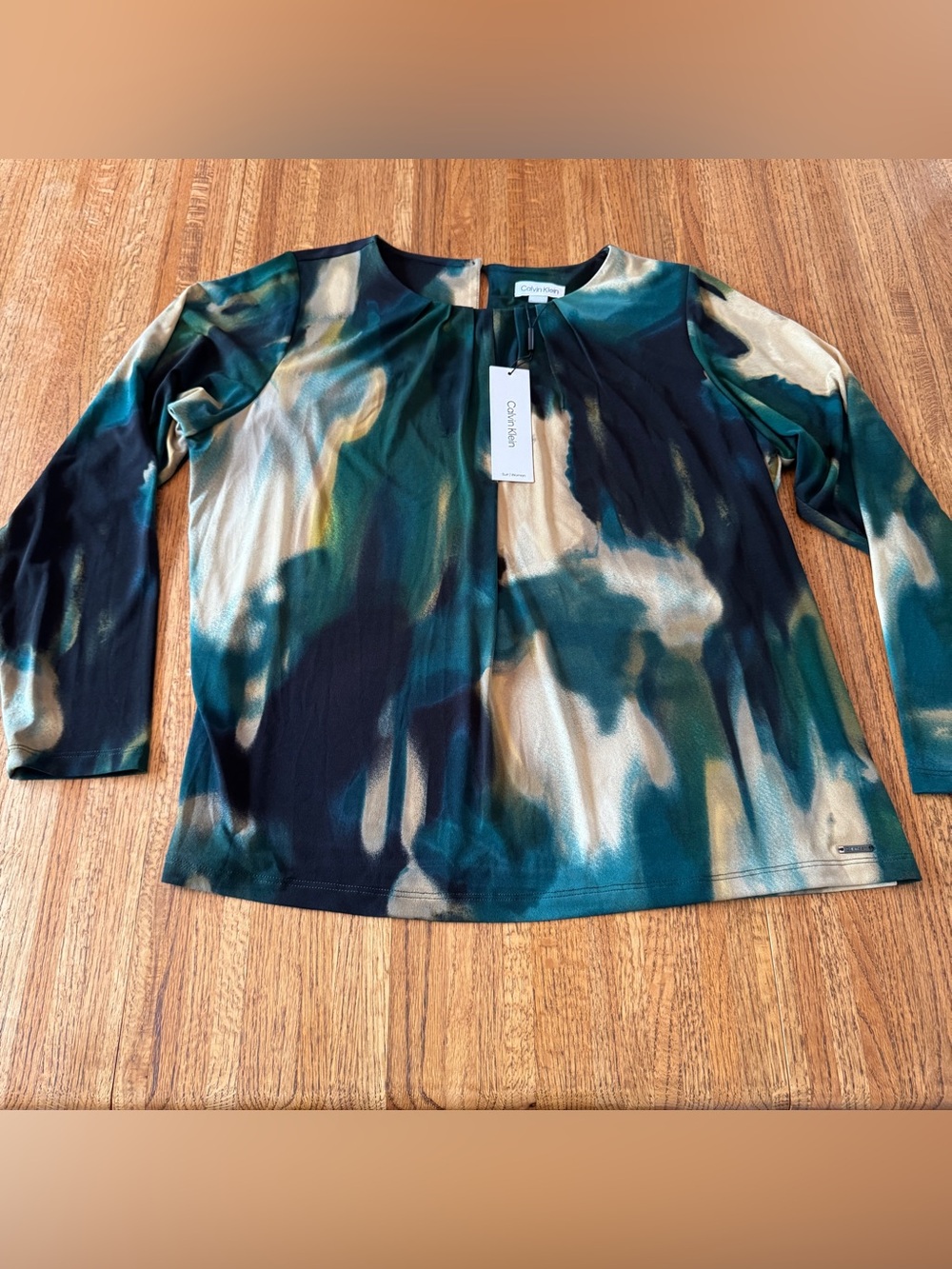 NWT Calvin Klein Plus 1X Abstract Pleated Neck Blouse - Green Multi